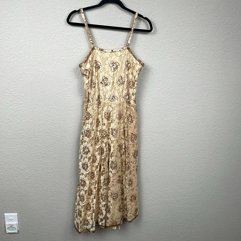 NWT Channa Deadstock Sequin Floral Lace Midi A Line Dress Gold Hand Crafted Sz M - Picture 2 of 16